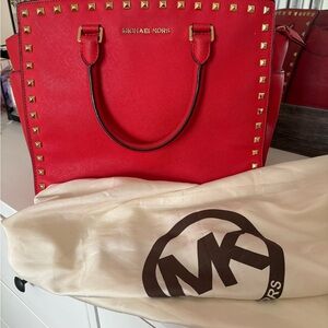 Michael Kors Red Saffiano Tote with Gold Stud Accents